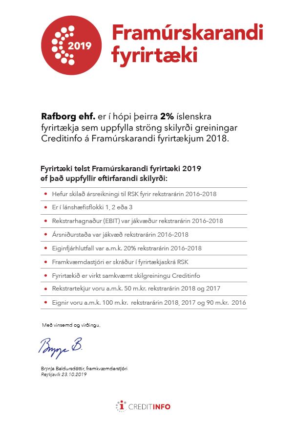 Framúrskarandi fyrirtæki 2019 Viðurkenning